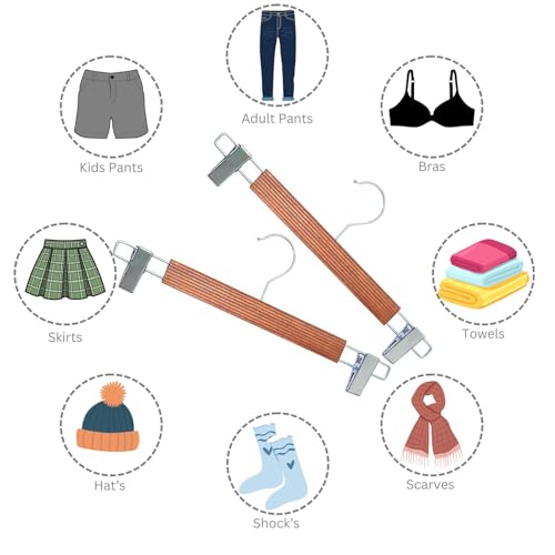 Image of BLOOMAX 12 Pcs Wooden Pant Hangers - Walnut Finish, 34 cm, Adjustable Chrome Clips, Non-Slip & Space Saving for Trouser, Skirt, Saree (Durable, Made in India)
