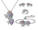 SHWIN Unicorn Necklace - 4 Pack Rainbow Unicorn Earrings Ring Necklace Bracelet Jewelry Set for...