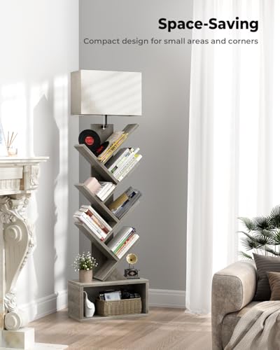 Evermagin 6 Tier Tree Bookshelf with Light, Small Bookcase Tower for Books/CDs/Movies, Sturdy Tall Floor Standing Book Organizer with Storage Cabinet for Living Room, Bedroom and Home Office, Gray - Thumbnail 5