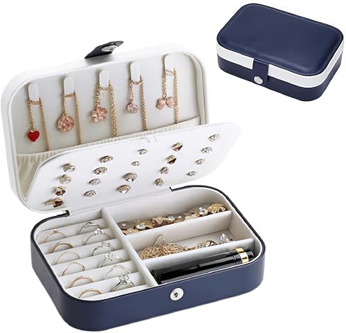 Image of Lazer Accessories Jewellery Organiser PU Leather Zipper Portable Storage Box Case with Dividers Container for Rings, Earrings, Necklace Home Organizer | Navy Blue