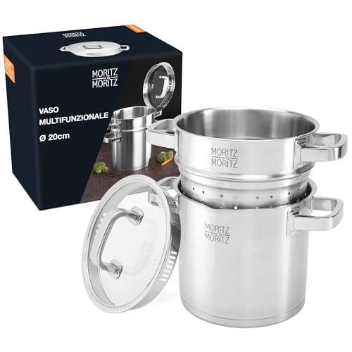 Moritz & Moritz Pentola per pasta alta con colino in acciaio inox da 20 cm - pentola pasta con coperchio - Capacità fino a 5 litri - Adatta a tutti i tipi di fornelli