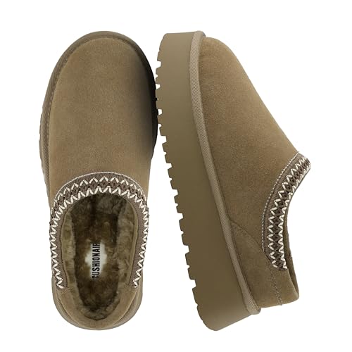 Image of CUSHIONAIRE Kabuki Platform Boots Genuine Suede Fuzzy Mule Slippers for Women with Memory Foam | Indoor /Outdoor Womens Slippers | Wide Widths Available