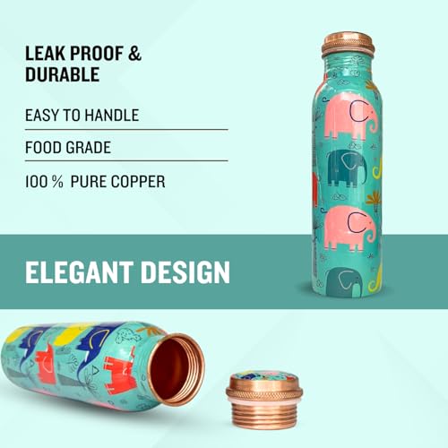 Image of Copper Water Bottle 1 Ltr | Copper Water Bottle with Glass Set | Meena Work | 100% Pure | Leak-Proof | 2 Water Glass 300ml each | Best for Gifting ((Seafoam Blue Design))