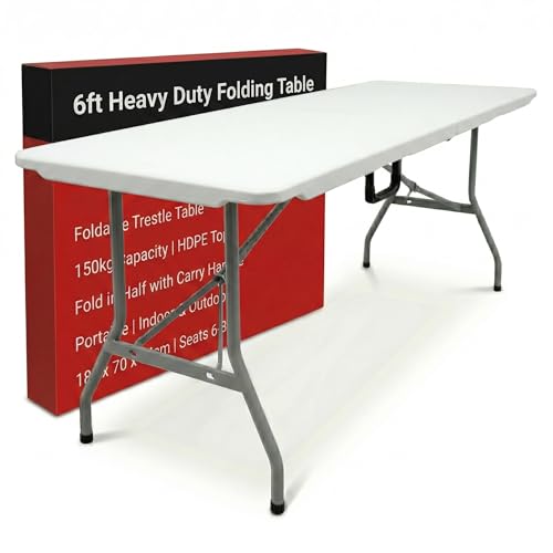 Build Rapido 6ft Heavy Duty Folding Table - Foldable Trestle Table Fold in Half with Carry Handle - 150kg Capacity HDPE Top - Catering Banquet Dining Party Event Table (White 180cm)