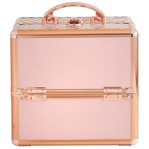 Image of ADSON Nylon Professional Makeup Box Cosmetics Case Jewelry Organiser Vanity Make Up Storage Box Beauty Train Case Lockable with Keys (Striped Rose Gold)