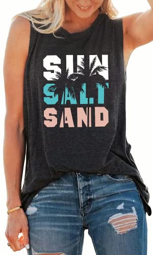 Sun Salt Sand Tank Tops Women Beach Shirts Coconut Tree Graphic Tees Summer Vacation Sleeveless Tee Tops #TOP1