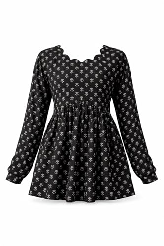Image of Women's Rayon Black Floral Block Print Kurti, Scallop Neckline, Full Sleeves, Gathered Fit