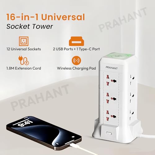 Image of 16 in 1 Universal Multi Sockets Tower Extension Boards,12 Sockets,2 USB Port,1 Type C Port,with Surge Protection,Smart Energy Saving,1.8M Extension Cords,with Wireless Charging Point