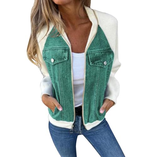 cfpqv Veste en Jean à Manches Longues pour Femme, Style Casual Élégant, Fermeture Éclair, Patchwork, Blouson en Jean avec Col en V, Top en Jean avec...