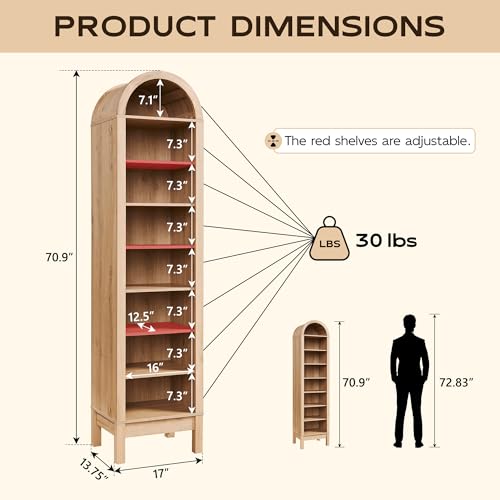 IFGET 71\" Tall Arched Bookshelf, 8 Tiers Arch Bookcase with Storage, Modern Farmhouse Book Shelf with Adjustable Shelves, Wood Bookshelf w/Open Display Shelves for Living Room, Office (Natural)