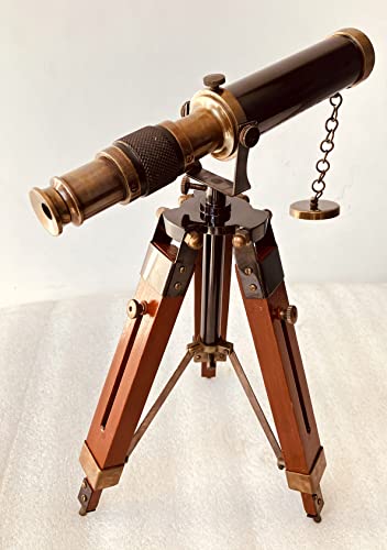 Aladean Decorative Brass Telescope 9" With Wood Tripod Stand Vintage Royal Spyglass Home & Office Table Decor Rustic Gift #TOP4