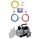 QUAHEAS Vakuumpumpe 50 L/min mit 2-Wege-Verteiler-Manometer Set für Klimaanlagen, Aluminiumgehäuse, 152 cm Schläuche, geeignet für Kältemittel R134a R22 R12 R502, inklusive Tragekoffer und Zubehör