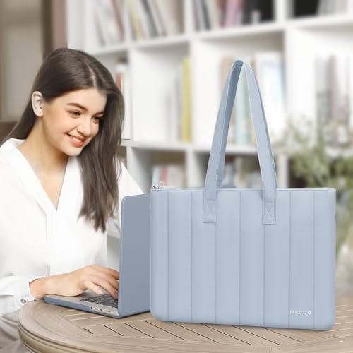 Image of MOSISO Laptop Tote Bag, 13-13.3 inch Laptop Bag Compatible with MacBook Pro 14, HP, Dell, Lenovo, Asus Notebook, Vertical Quilted Casual Computer Briefcase for Business Office Work, Baby Blue