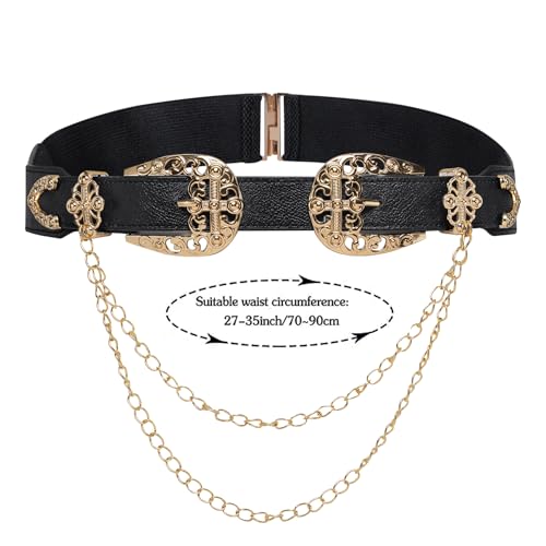 Image of Dubulle Womens Belt Chain Leather Belts Vintage Western Adjustable Elastic Double Buckle for Cowboy Pant Dress