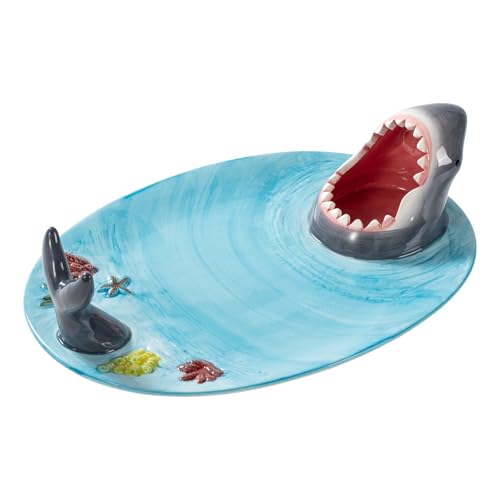 Surlama Ceramic Shark Plate with Dipping Sauce Bowl, Blue Handmade Sushi Serving Platter, Microwave Oven Dishwasher Safe, Ellipse Shape, Holiday Birthday Gift for Shark Party Lovers