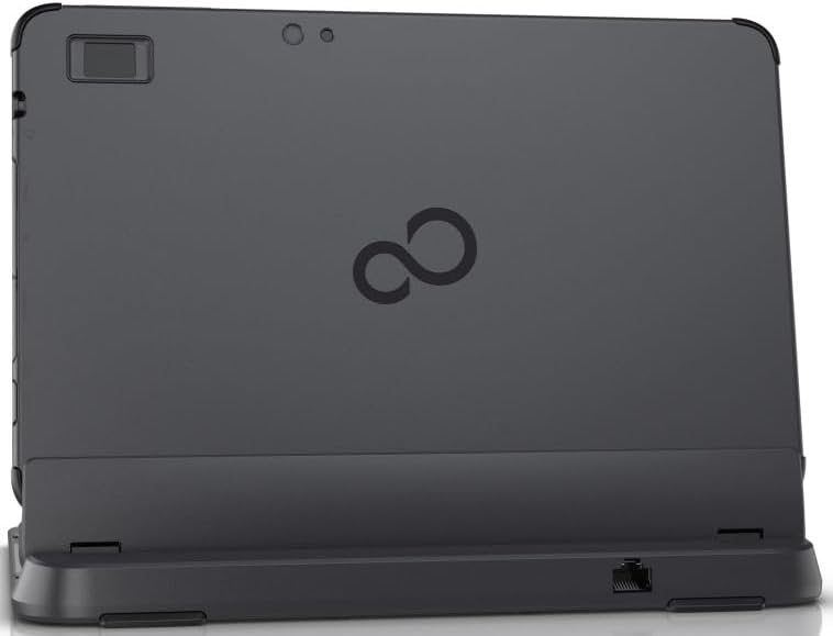 Rear view of the Fujitsu Stylistic Q5010 Tablet and keyboard dock, showing various ports and features.