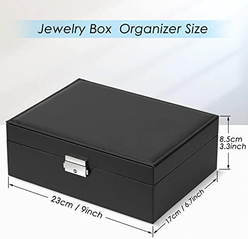 Hossejoy Jewellery Box Organiser, 2-Layer Lockable Jewellery Case Holder, PU Leather Jewellery Storage Display with Necklace Hangers Removable Dividers, for Necklace Earrings Rings Bracelets, Black