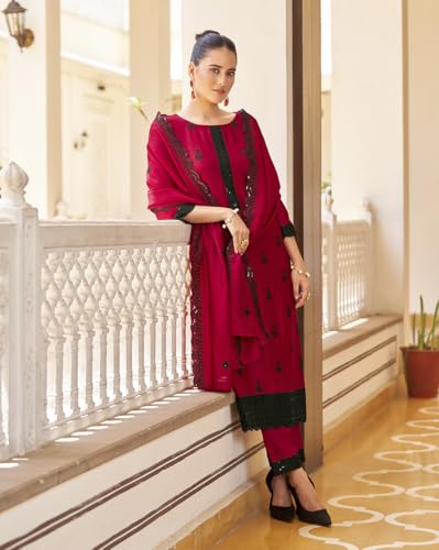Image of Shaily Premium Silk Blend Embroidered Tailored Kurta with Pants and Dupatta Set | Ethnic Set | 3-Piece Suit Set | Haldi and Wedding Suit Set for Women