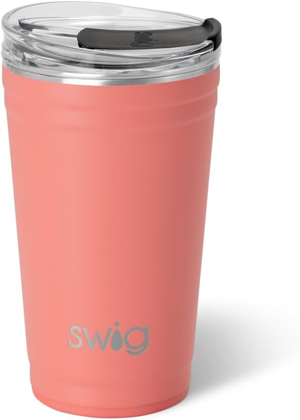 Swig Life 24oz Party Cup, Stackable Insulated Travel Coffee Tumbler with EZ Slider Lid, Cup Holder Friendly, Stainless Steel 24 oz Tumbler, Reusable Coffee Mug (Coral)