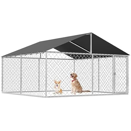 Petonly Outdoor Dog Enclosure Heavy Duty Dog Kennel House Mesh Dog Big Cage Pet Kennel Steel Fence with Secure Lock(118”x 118”)