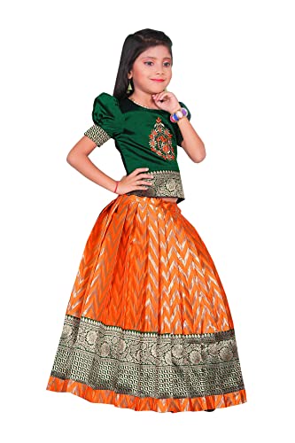 Image of New south Indian traditional pattu pavadai Jecquard Lehenga choli for girls dress