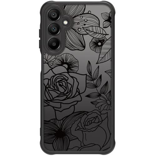 Dumkery Cute Flowers Case Compatible with Samsung Galaxy A14 5G Cases, Rose Galaxy A14 4G Aesthetic Black Line Art Floral Pattern Print, Hard PC Heavy Duty Protection Shockproof Cover for Girls Women