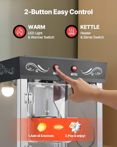 Image of VEVOR Popcorn Machine with Cart, 8oz Stainless Steel Kettle, 800W Commercial Popcorn Maker, 48 Cups per Batch Theater Style Popper, with 2-Button Control Glass Wall PC Door 1 Scoop 3 Spoons, Black