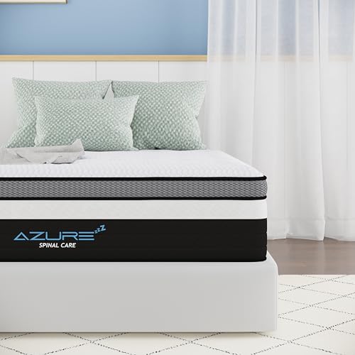Azure - Colchón doble de 135 x 190 x 25 cm, colchón ortopédico híbrido de 10 pulgadas con espuma viscoelástica de gel, muelles ensacados de 7 zonas, soporte de alivio del dolor de espalda de firmeza