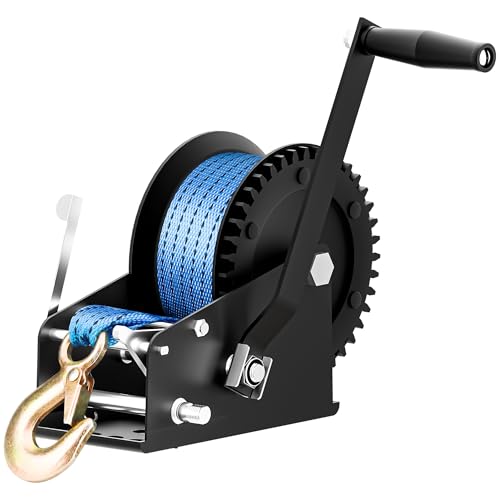 ROMON 3500lbs Boat Trailer Winch with 33 Foot Polyester Belt, 2-Way Ratchet 4:1/8:1 Gears, Portable...