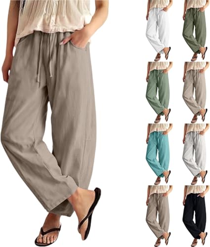 Generisch Leinenhose Damen Weites Bein mit Taschen Sommerhose Damen Leicht Palazzo Hose mit Kordelzug für Urlaub Strand Alltag