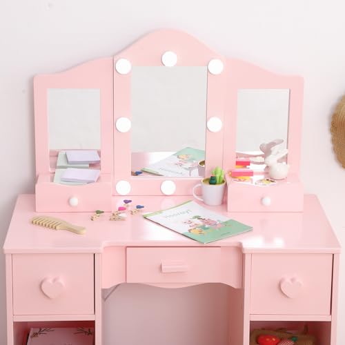 Kids Vanity Set With Mirror, 2-In-1 Wooden Toddler Vanity Table With Stool, Tri-Folding Mirror & Drawer,Princess Pretend Play Makeup Vanity Princess Makeup Desk Dressing Table for Little Girls