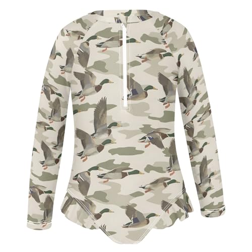 Wild Duck in Camouflage Background Girls Long Sleeve Swimsuit Rash Guard One Piece Bathing Suits Zipper 3-12T2