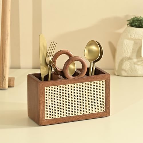 Brick Brown Premium Wooden Tresso Nest Cutlery Holder Spoon Stand for Kitchen | Cutlery holder for Dining table | Wooden Caddy Storage Organiser Stand with 3 Section Caddy Holder (7.1x4.2x4 inch)