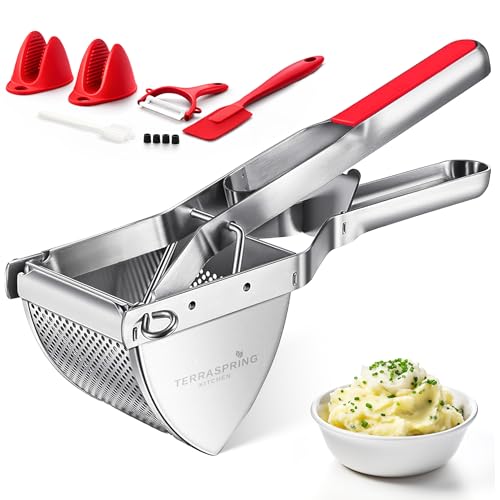 TERRASPRING Potato Ricer Stainless Steel Heavy Metal Tested Red Handle Masher for Baby Food Gnocchi & Smooth Mash 6-Piece Set w/Peeler Spatula Gloves & Brush Dishwasher Safe