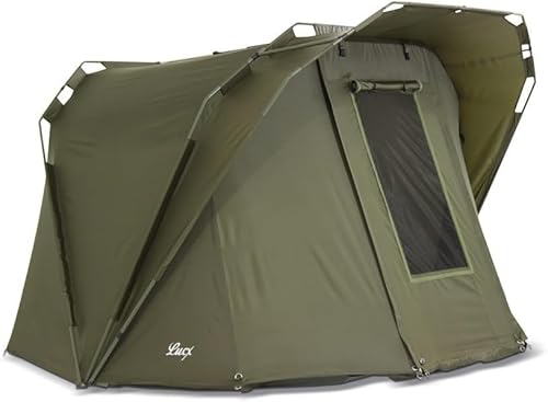Lucx® Coon Karpfenzelt 2 Personen Angelzelt Bivvy Zelt & ® Heringe-Set 14-TLG. inkl. Gummihammer und Tasch für Bivvy Erdnägel Zeltnägel für Angelzelte T - Pegs für Karpfenzelte
