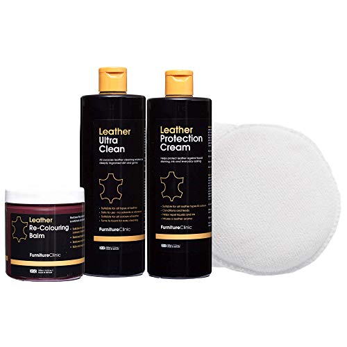 Furniture Clinic Komplettes Leder restaurierungs-Set - enthält Leder-Balsam, Schutzcreme, Reiniger, Schwamm und Tuch - für Autositze, Sofas, Bekleidung, Schuhe und Taschen (schwarz) Cover