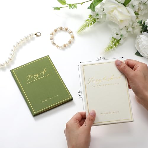 Engrowtic 2 Pcs Premium Wedding Vow Books His and Her Husband Wife Wedding Must Have Registry Ideas Canvas Linen Cover Gold Foil Lettering Lined Page Gift for Newly Engaged Couple(Dark Green-White)