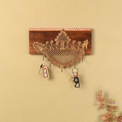 Image of AAKRITI ART CREATIONS Golden Leaf Brass Key Holder, Dhokra Art Teak Wood Wall Hanging Panel Set of 1, Brown Wall Decor Key Holder | Matte Finish Wooden Wall | Decor for Entryway, Living Room, Office