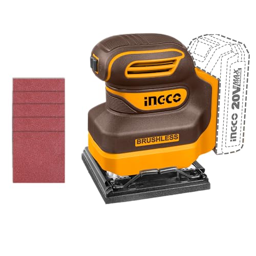 INGCO 20V Cordles 1/4 Sheet Sander (Body Only), Brushless Motor, Electric Sheet Finishing Sander 12000RPM, Quarter Sheet Palm Sanders CSHSLI2024