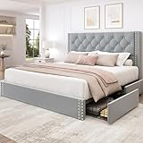 LARMACE Full Size Bed Frame Upholstered Platform Bed with 4 Storage Drawers and Tufted Headboard Velvet Bed Frame with Heavy Duty Wood Slats, No Box Spring Needed, Easy Assembly, Bluish Grey