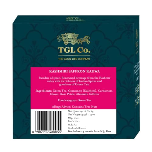 Image of TGL Co. Kashmiri Saffron Kahwa Green Tea (16 Tea Bags) | Saffron-Infused Aromatic Blend | Boosts Immunity & Energy | Supports Digestion | Relieves Stress | Rich & Exotic Flavor (Pack of 2)