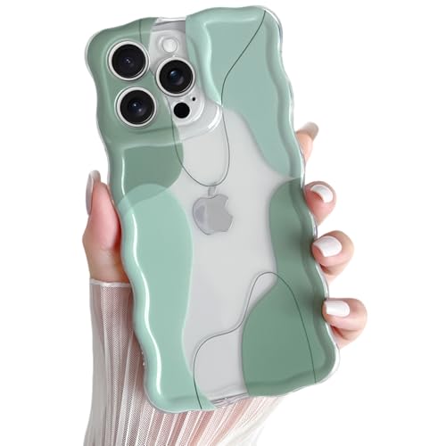 Yeddabox for iPhone 15 Pro Case Cute Art Design Aesthetic Pattern Wavy Clear Phone Case Soft TPU Slim Shockproof Phone Cover for Women Girls, Green