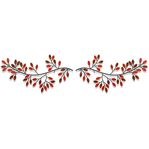 Image of Hotop 2 Pieces Metal Tree Leaf Wall Decor Vine Olive Branch Leaf Wall Art Wrought Iron Scroll Sculptures Above the Bed, Living Room, Outdoor Decoration(Classic Style,Rusty Color)