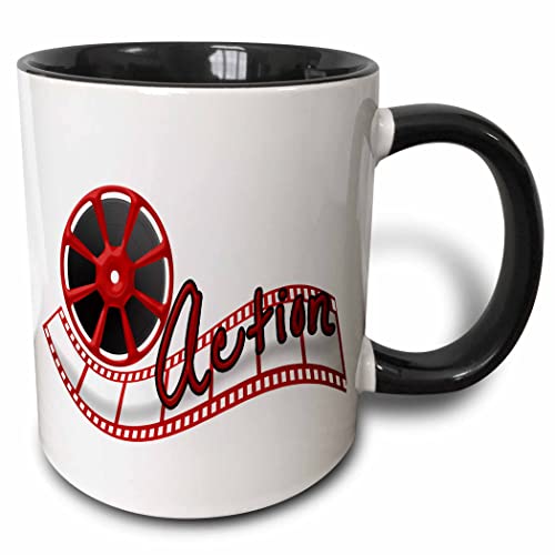 3dRose Cinema Movie Reel & The Word Action In Red 11oz Two-Tone Black Mug
