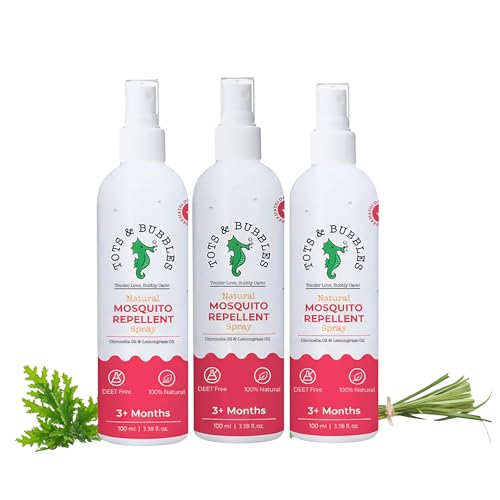 Image of Tots & Bubbles Baby Safe Mosquito Repellent Spray (100ml) for Babies, Toddlers | Natural Protection with Citronella & Lemongrass Oils | DEET-Free, Skin Friendly Insect Spray for Indoor & Outdoor Use | Safe & Gentle on Baby and Mother (Pack of 3)