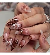 Flower Press on Nails Medium Almond Fake Nails Marble Cracks Artificial False Nails Gold Rhinesto...