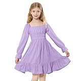 Zando Purple Dress for Girls 11-12 - Long Sleeve Fall Dresses for Girls 10-12 Off Shoulder Formal Girl Dresses Size 10-12 Tie Back Casual Dress for Weddings Parties Daily Graduations Schools