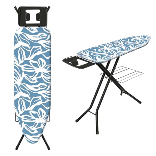 TEENO Table à Repasser Pliable 122 x 38 cm,pour Centrale Vapeur,Verrouillage Sécurisé,7 Réglages De Hauteur, Housse en Coton 100%,Universel pour La Maison/La Laverie(Bleu à Motifs)