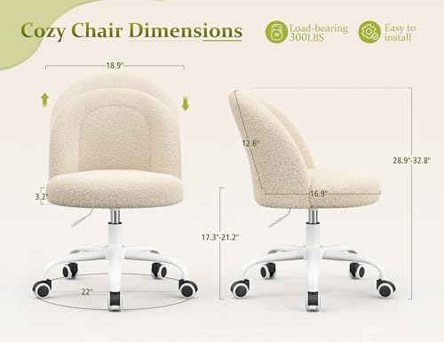 Image of DurayLoly Vanity Chair with Back, Cute Desk Chair with Wheels, Armless Chair with Height Adjustable &360 Swivel, Soft Lumbar Support for Small Space, Bedroom, Light Yellow