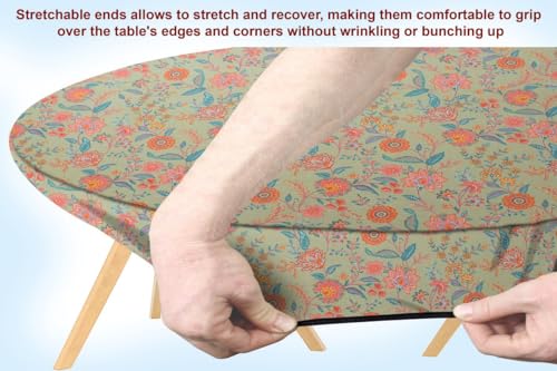 Image of The Furnishing Tree Elastic Cotton Oval Dining Table Cover 35x63 in Inches Floral Multicolor on Green Base